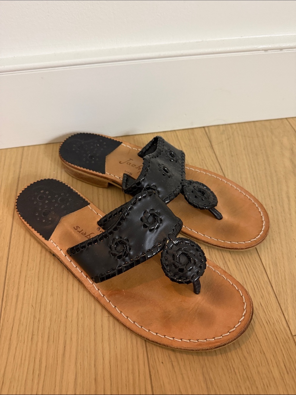 Jack Rogers Black & Tan Leather Whipstitch Thong Sandals